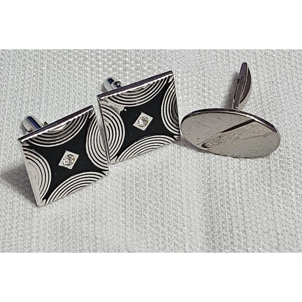 SWANK Art Deco Geometric Square Cufflinks Silver Black Toggle Back Dapper Mens